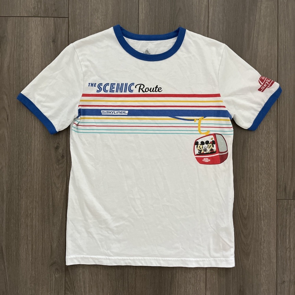Disney Skyliner Short Sleeve T-Shirt Mens S White Blue/Red/Yellow Stripe Ringer